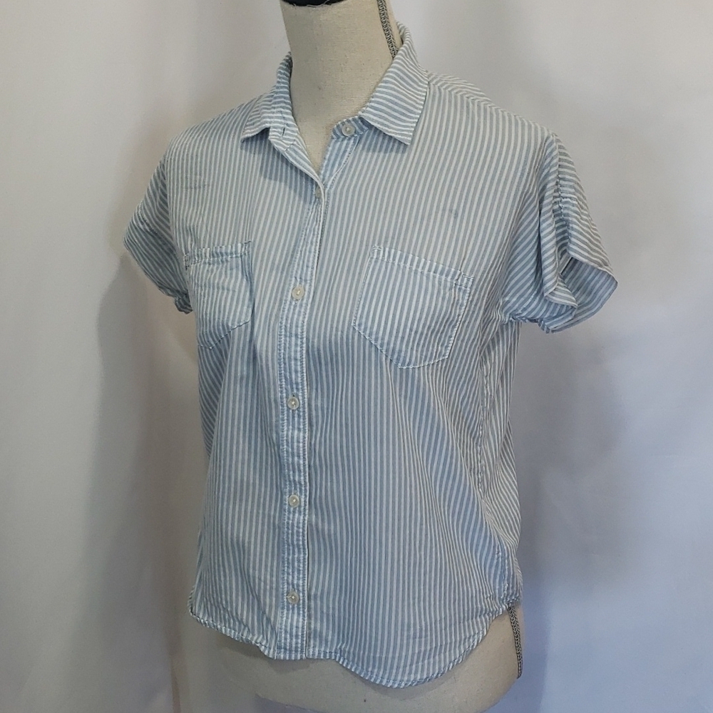 JOES JEANS Vertical Stripe Short Sleeve Button Down Cotton Lyocell Shirt Collar